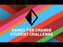 Colorful abstract background with the Games for Change logo in black and white lettering that reads "Games for Change Student Challenge."