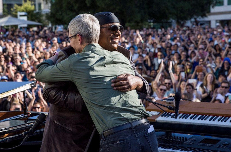 Apple CEO Tim Cook hugs Stevie Wonder following a performance to celebrate Global Accessibility Awareness Day (Photo from 9to5mac.com)