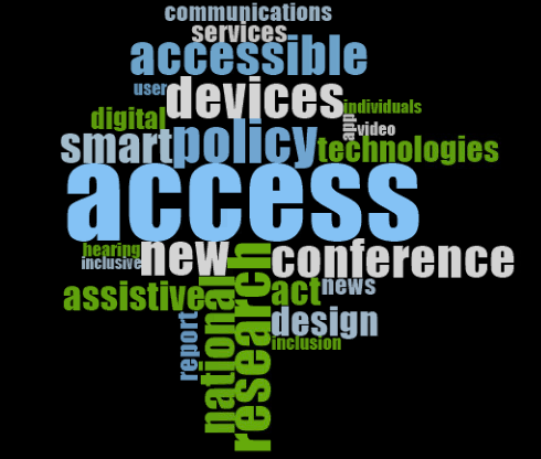 Word cloud showing the top 25 topics of 2019 with the size of the word indicating more instances if it appearing in the newsletter. In descending order they are: Access Policy Conference Research Devices Accessible National New Smart Assistive Design Act Technologies Digital Communications Services Report Inclusive News  Hearing Inclusion User  Individuals App Video