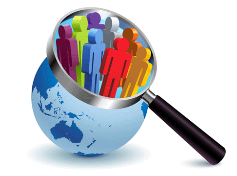 Graphic illustration of the wolrd globe with a magnifying glass focsuing on a colorful group of people.