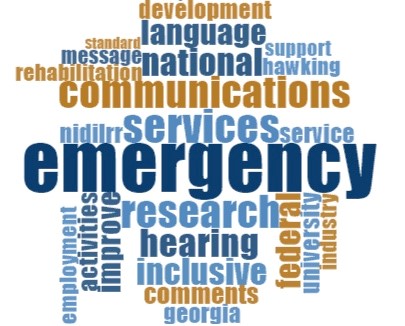 Word cloud that shows the Top 25 words, indicating importance by font size. In descending order they are: Emergency, Services, Research, Communications, Inclusive, Hearing, National, Federal, Language, Improve, Comments, Activities, Development, NIDILRR, Service, University, Georgia, Employment, Hawking, Industry, Rehabilitation, Message, Support, Assistive, Standard